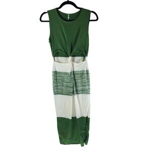 Indikah Knit Sheath Midi Dress Sleeveless Green White Colorblock Cutout Waist M